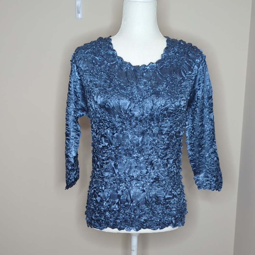 Origami Magic Scarf Ruched Blue Women's 3/4 Sleeve Blouse